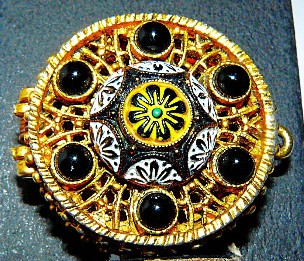Vintage Gold Filigree Pendant Pill Box Case Black & White Enamel Cabochons 2"